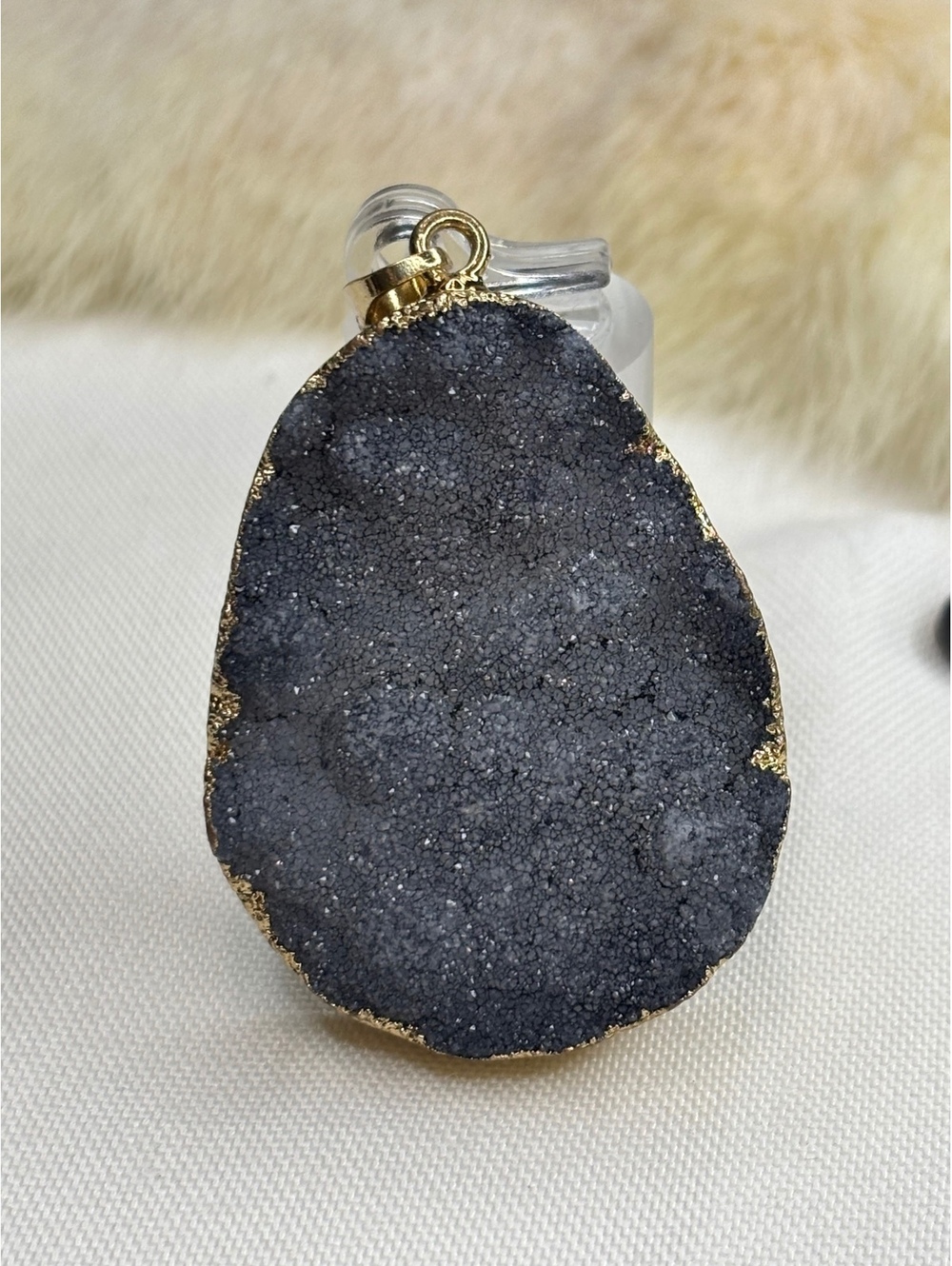 Natural Black Druzy Geode Pendant with Gold Trim